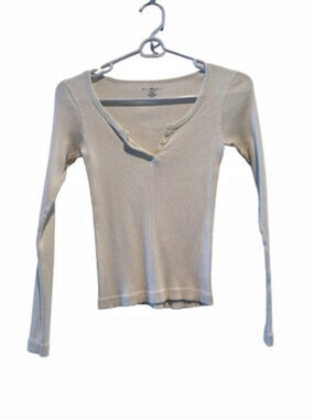 Brandi Melville Ribbed Long Sleeve Cotton Top in Cream Size Small